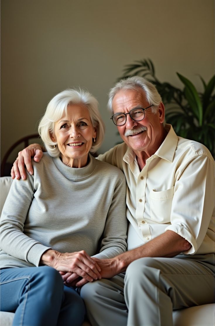 זוג מבוגר מרוצה על ספה