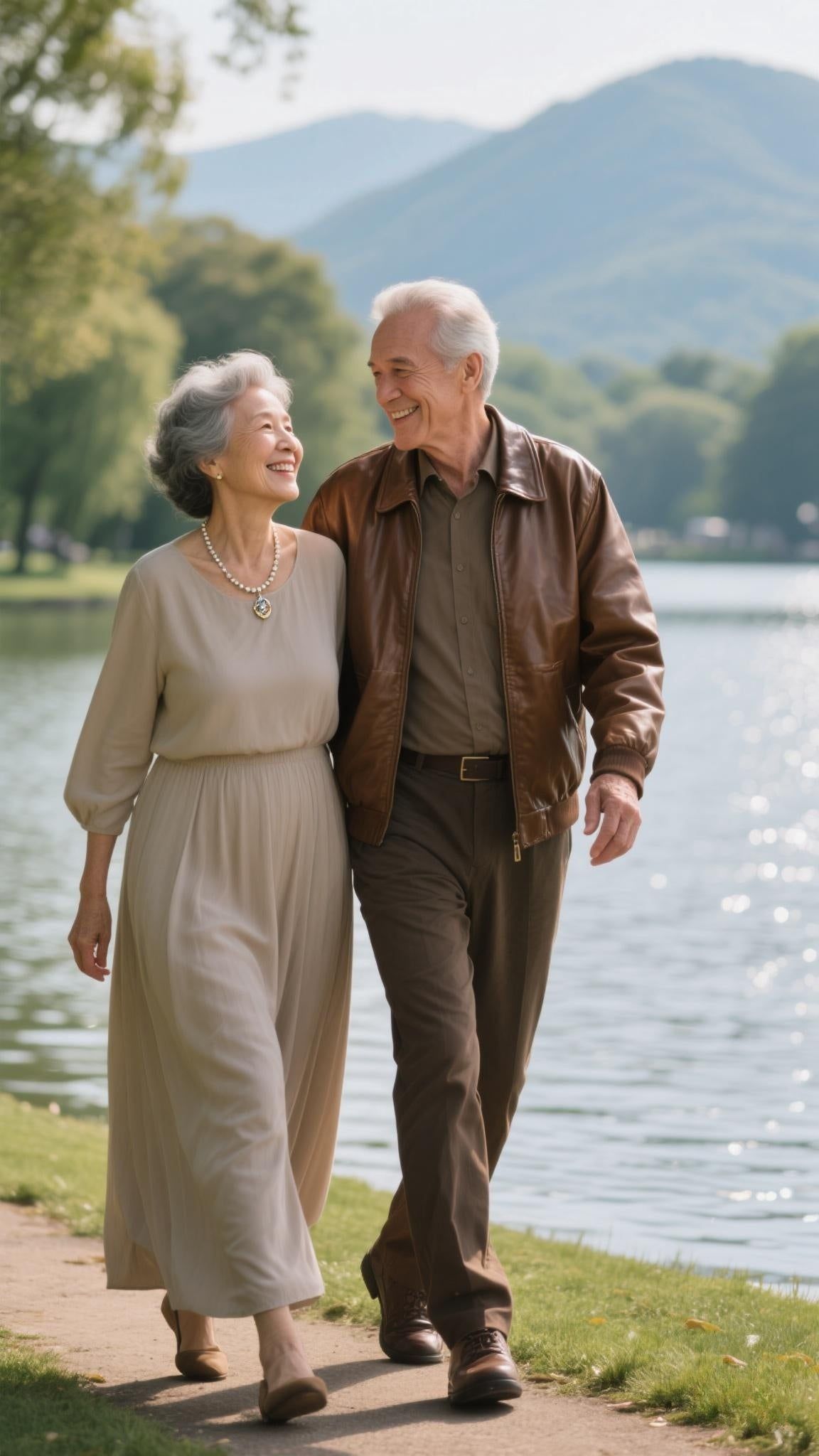 זוג מבוגר הולך ליד האגם